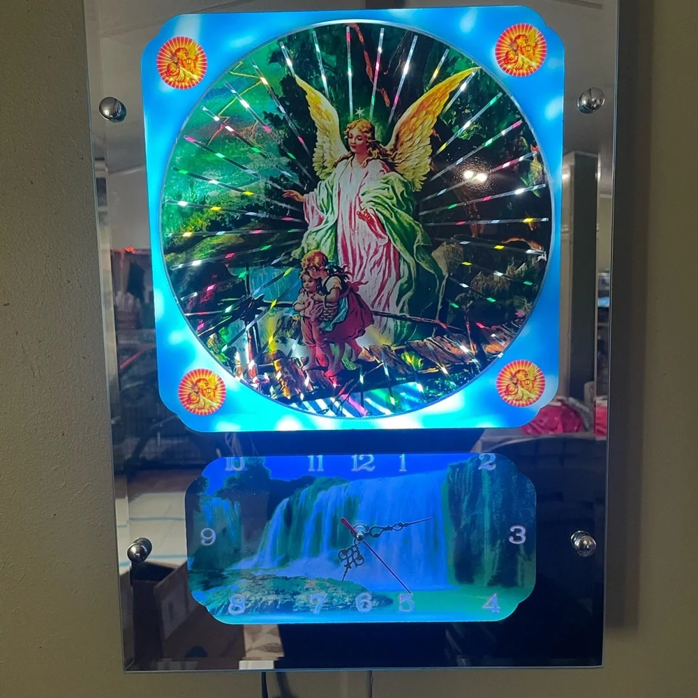 Vtg Mirrored Guardian Angel Wall Lamp w/Psychedelic Motion Lights & Clock